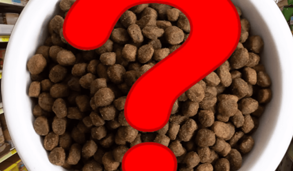 An image of dog food in a bowl with a question mark